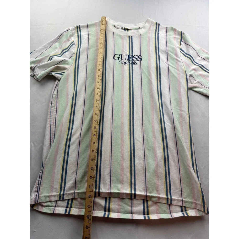 Guess Originals Shirt Mens Medium Green Striped‎ Embroidered Logo Tee  Y2K - Picture 2 of 5